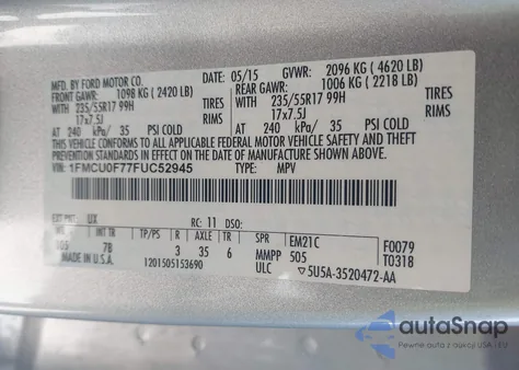 2015 Ford Escape S из США, поврежденный, VIN 1FMCU0F77FUC52945